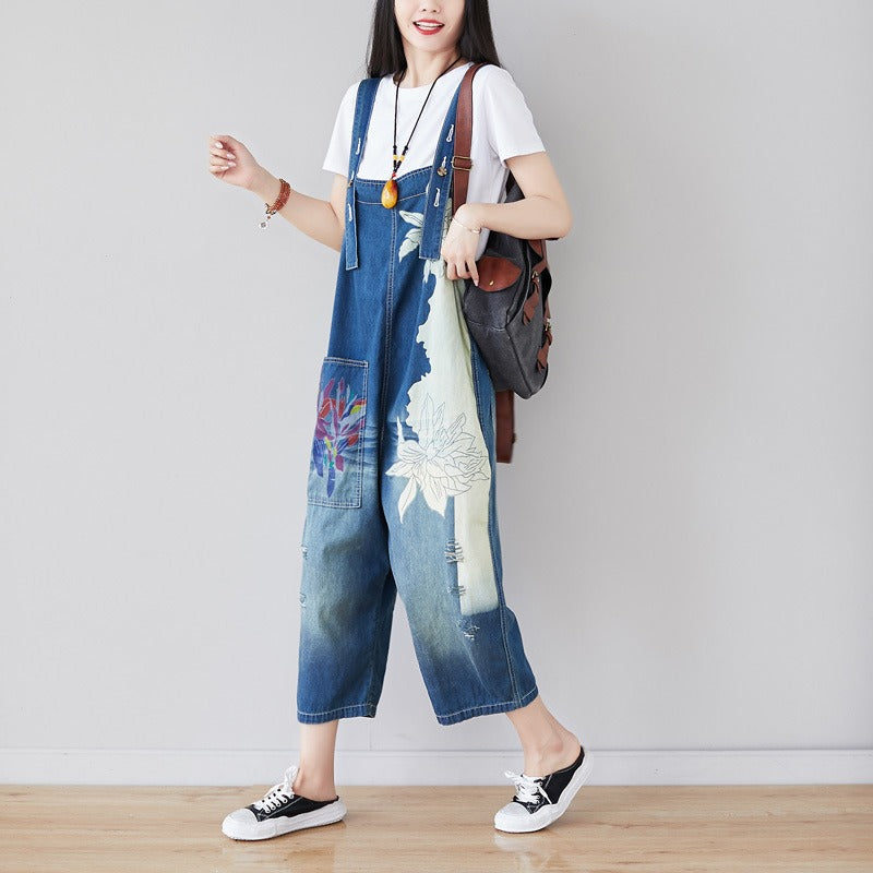 Personality Splicing Jeans: Asymmetric Cropped Wide Leg Overalls