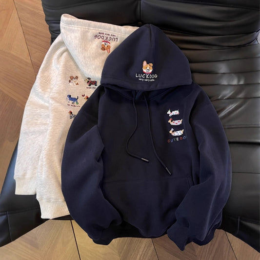 Heavy Embroidery Cartoon Fleece-Lined Thick Hooded Casual Pullover Hoodie