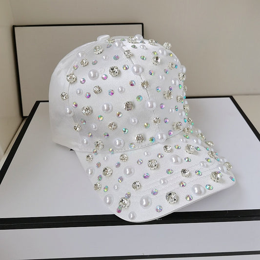 Harajuku Style Rhinestone Pearl Baseball Hat - White Pink