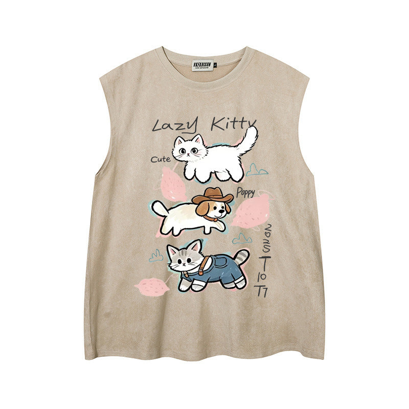 Stacked Cat & Dog Printed Vest — Harajuku Style Retro Deer Skin Velvet Vest