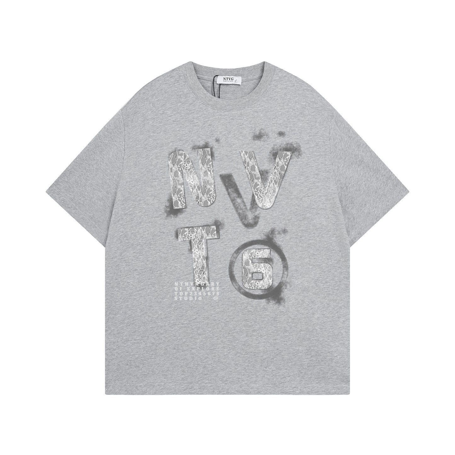 Salt-Washed Lace Letter Print T-Shirt - Unisex Summer Style