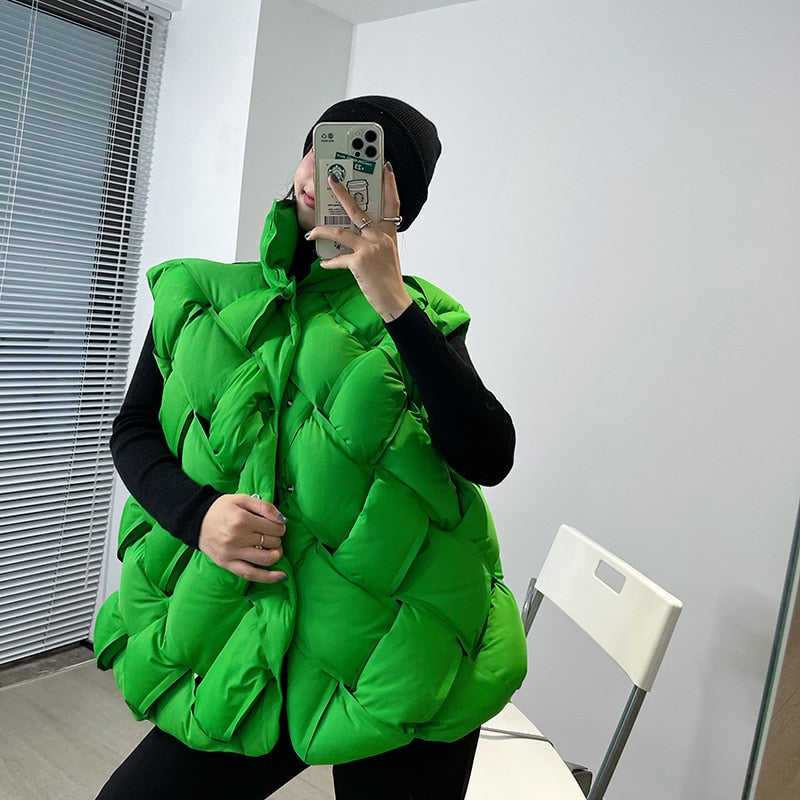 Woven Pattern Green Down Vest - Harajuku Style