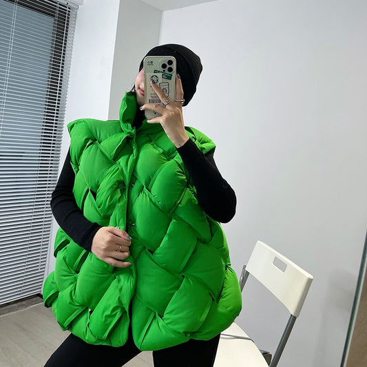 Woven Pattern Green Down Vest - Harajuku Style