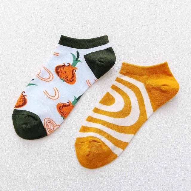 Playful Harajuku Men's Cotton Ankle Socks - Funny Animal & Fruit Designs