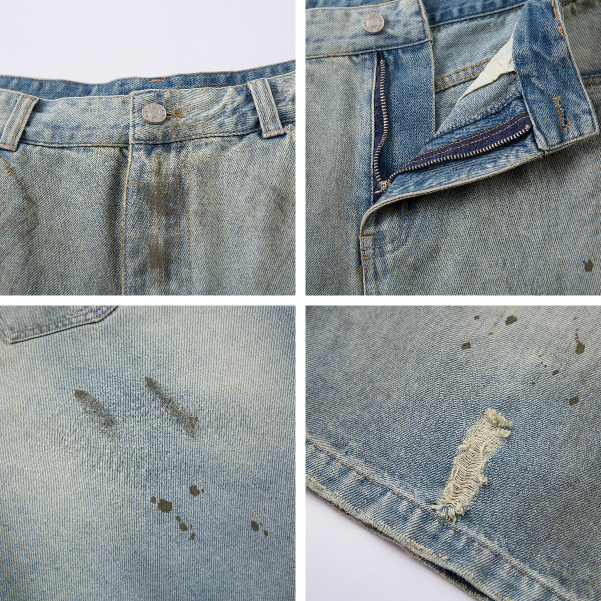 Washed Faded Splatter Hole Design Denim 7/8 Pants