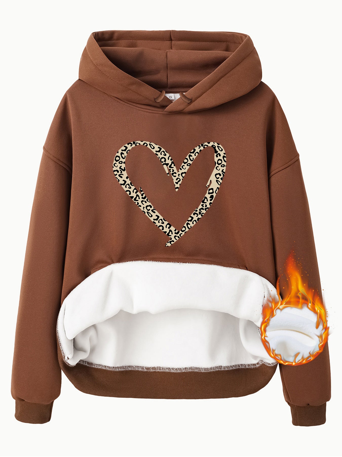Hooded Long Sleeve Fleece Hoodie with Kangaroo Pocket and Heart-Shaped Print