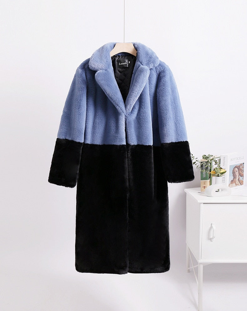 Mid-Length Mink Velvet Faux Fur Coat with Furry Collar