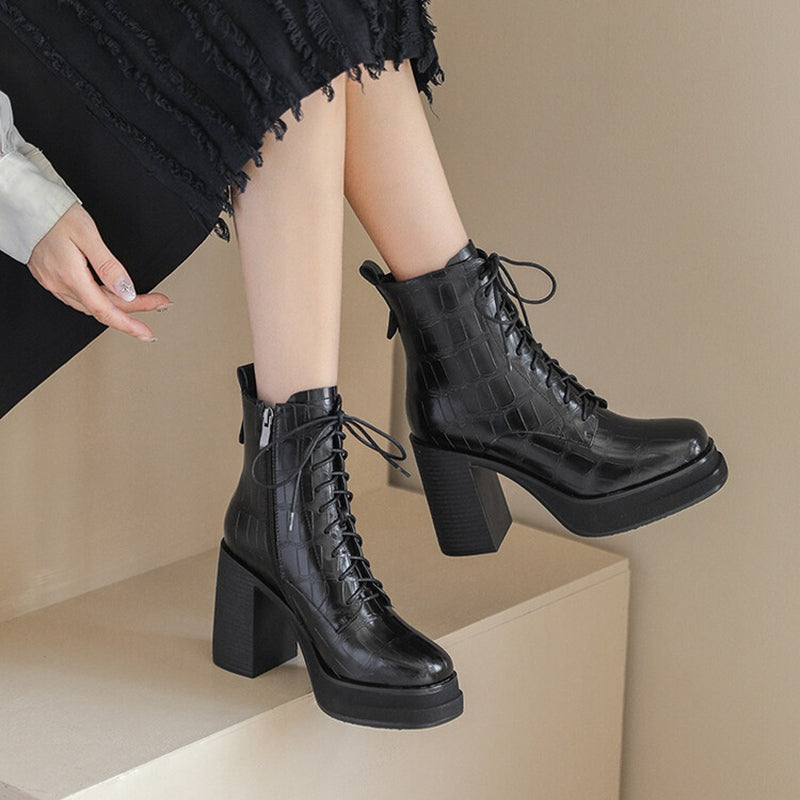 New Round Toe Full Leather Short Boots for Women - Thick-Soled, Comfortable, Waterproof Platform, Retro High-Heeled Martin Boots