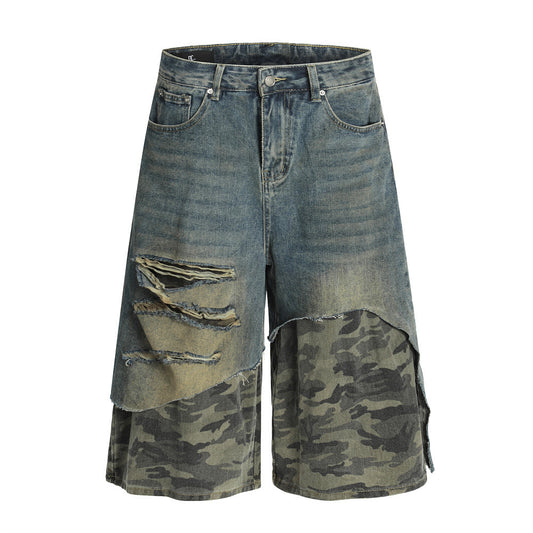 Men's Distressed Patchwork Camouflage Denim Shorts