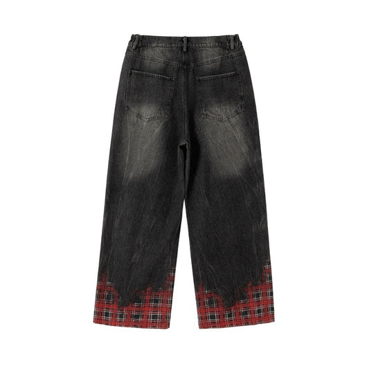 Hanging Chain Plaid Printed Wide Leg Denim Pants