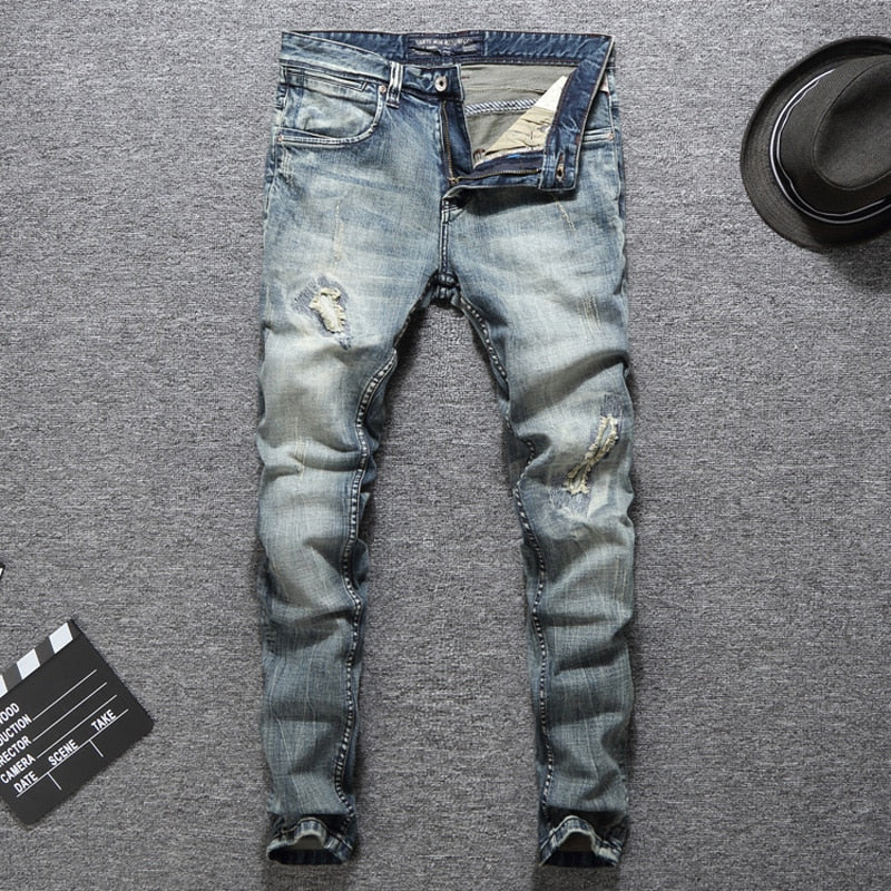 Harajuku Style Slim Fit Ripped Jeans for Men