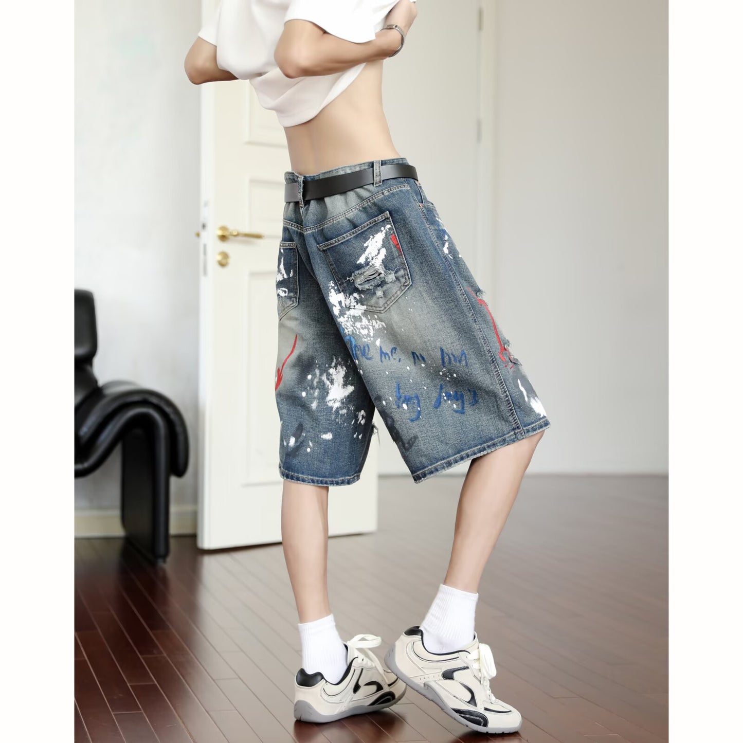 Harajuku Style Graffiti Printed Denim Cropped Pants