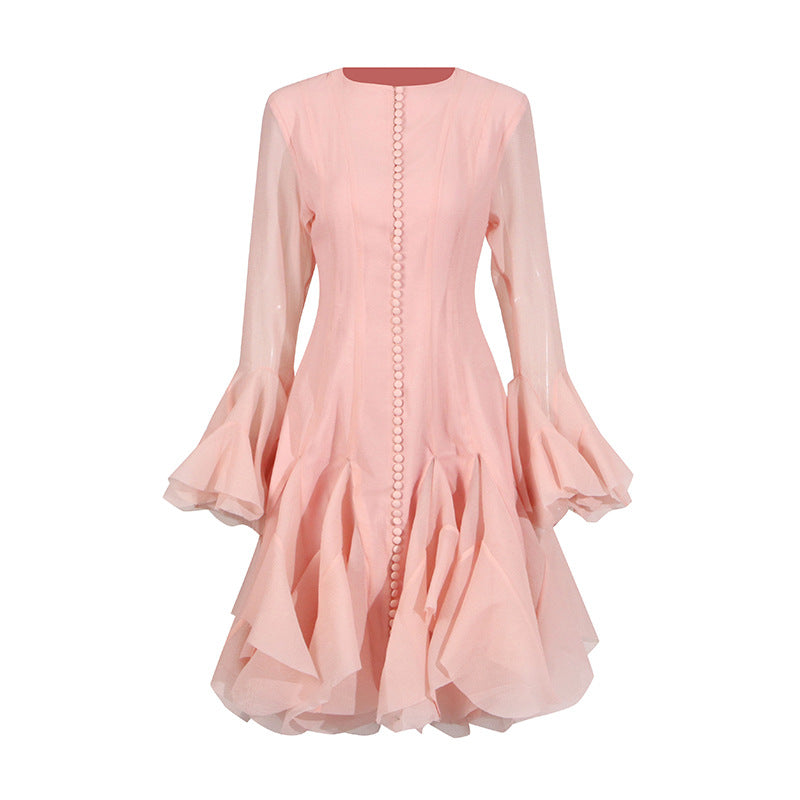 Harajuku Style Ruffled Mid-Length Dress with Trumpet Sleeves