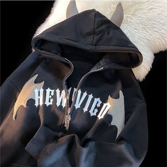 Playful Hooded Zippered Jacket with Cow Horn Patch