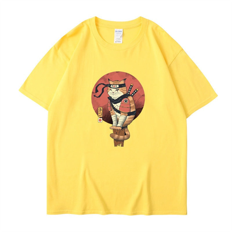 Ninja Cat Print T-Shirt - Short Sleeved Round Neck