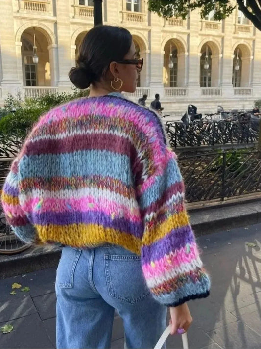Playful Autumn Striped Crochet Cardigan for Women