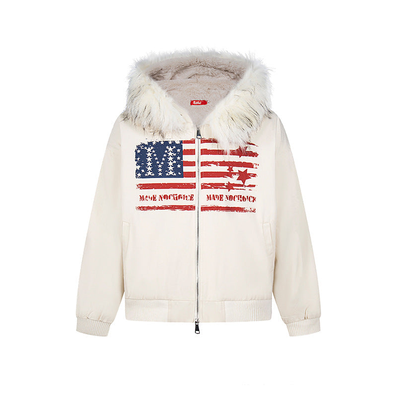 Fur Collar Hooded Open Front Cardigan Loose Casual Quilted Coat Parka