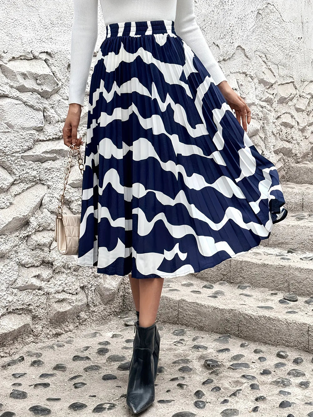 Playful Pleated Printed Elastic Waist Skirt