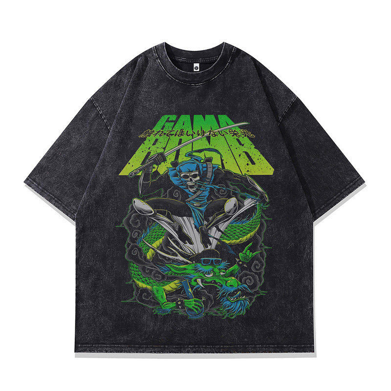 Oversize Distressed Cotton T-Shirt with Skull Design