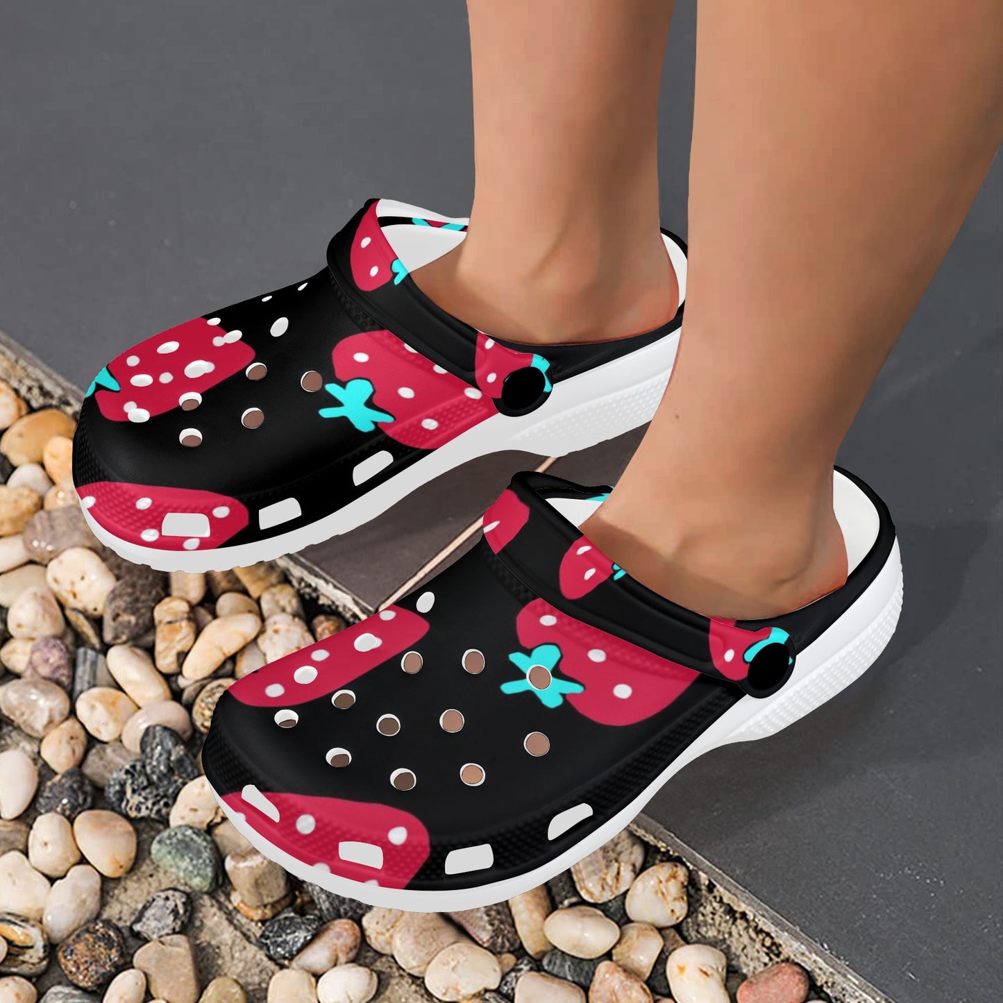 Red Strawberry Black Pattern Print Adults Clogs