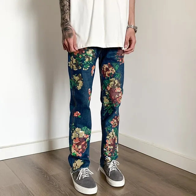 Hand-Painted Floral Graffiti Men's Trendy Jeans