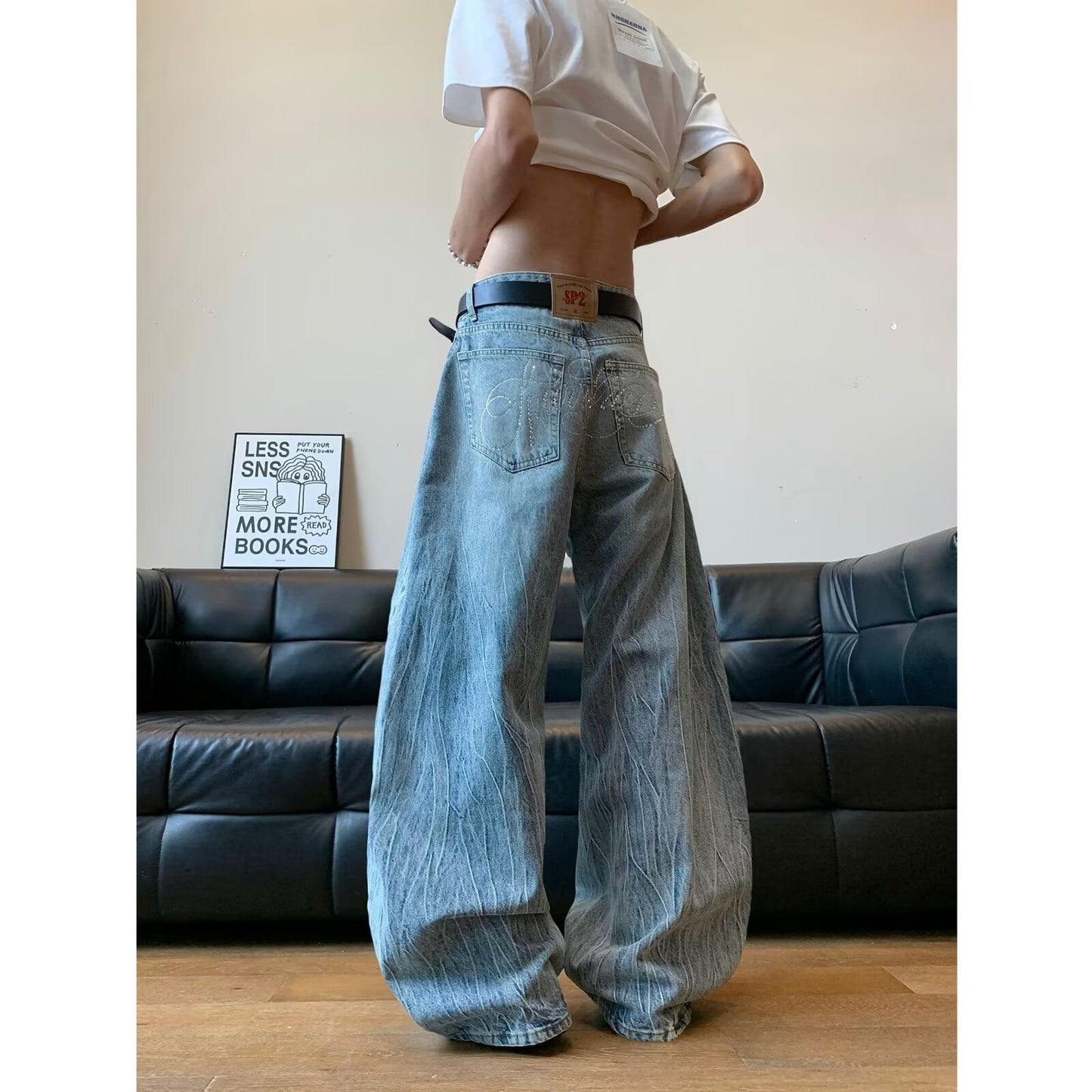 Curved Knife Denim Wide Leg Banana Pants