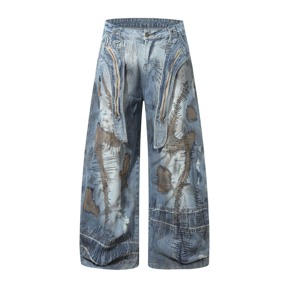 Post-Apocalyptic Stained Wide-Leg Denim Pants