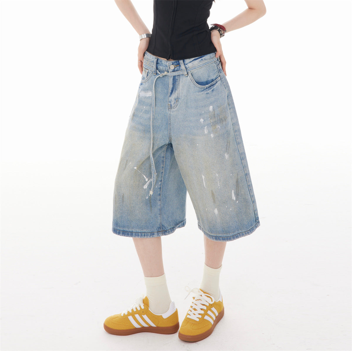 Retro Splash Ink Design Denim Cropped Shorts