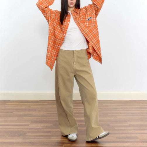 Orange Loose Embroidered Plaid Shirt Blouse for Women, Vintage Casual Shirt Jacket