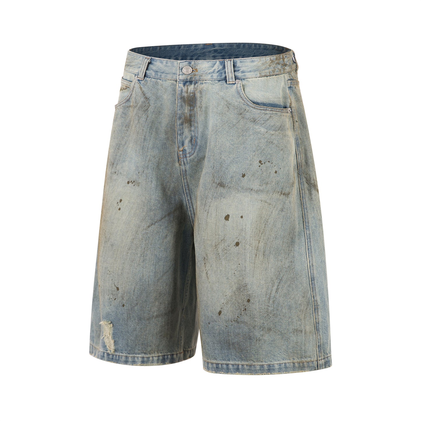 Washed Faded Splatter Hole Design Denim 7/8 Pants