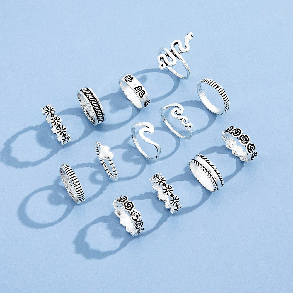 Playful Flower Love Geometric Snake Ring Set - 13 Pcs