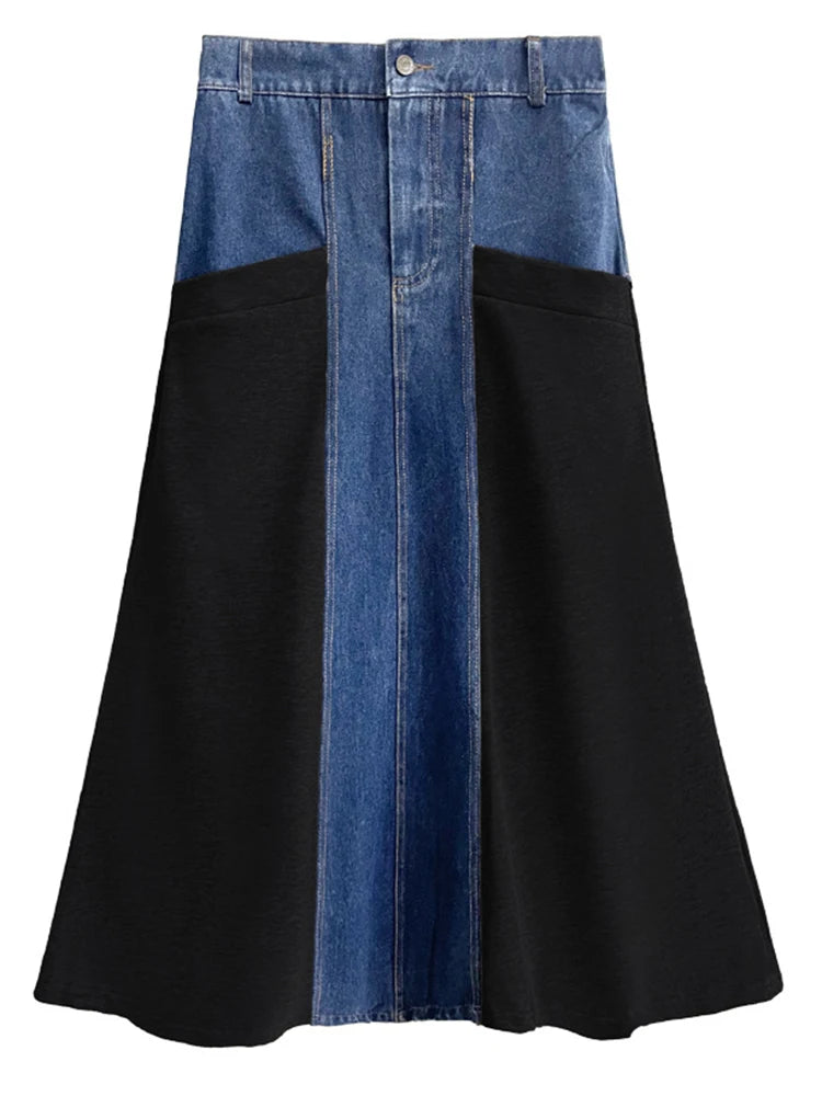 Harajuku Style Color-block Long A-line Denim Skirt