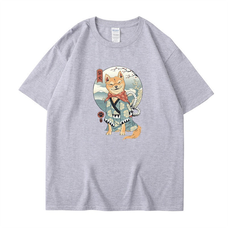 Chai Gou Ukiyo-e Style Shibu Inu Round Neck Short Sleeved Casual Top for Men