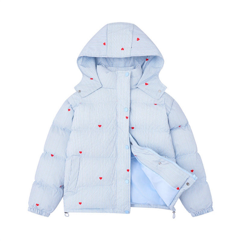 Milk Blue Bread Coat Stripe All-Over Heart Print Stand Collar Hooded Cotton Coat