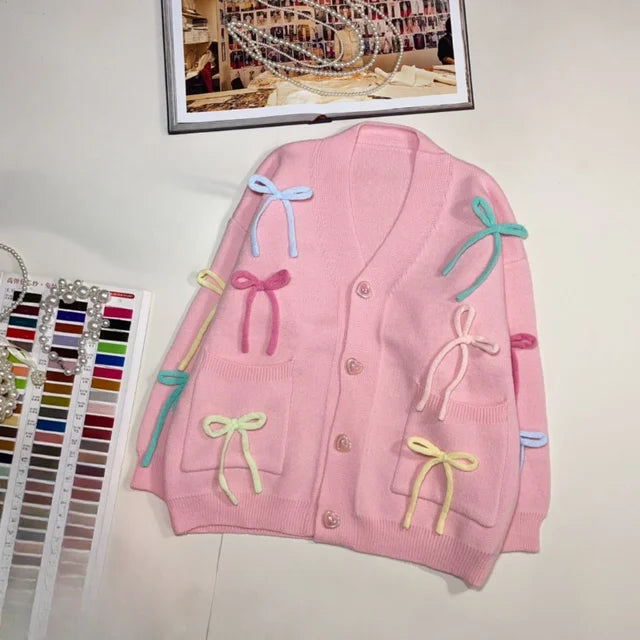 Colorful Three-Dimensional Bow Sweater Cardigan for Girls