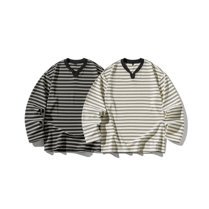 Stripe Color-block V-neck Loose Unisex Long Sleeve T-shirt