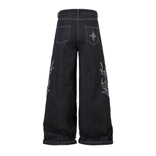 Harajuku Style Thorns Embroidery Wide Leg Denim Trousers