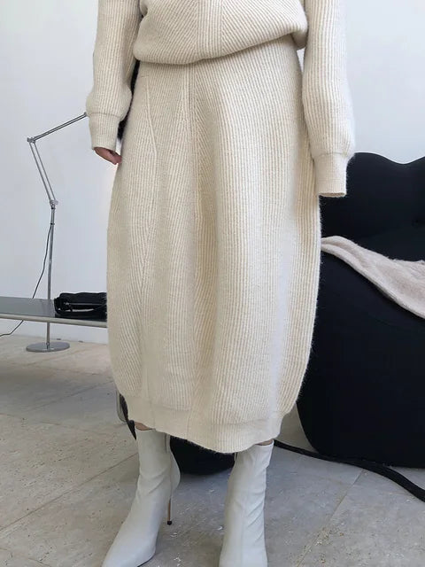 High Elastic Waist Apricot Irregular Knitting Skirt