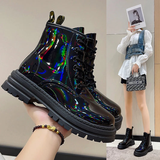 Harajuku Style Reflective Color Leather Ankle Boots