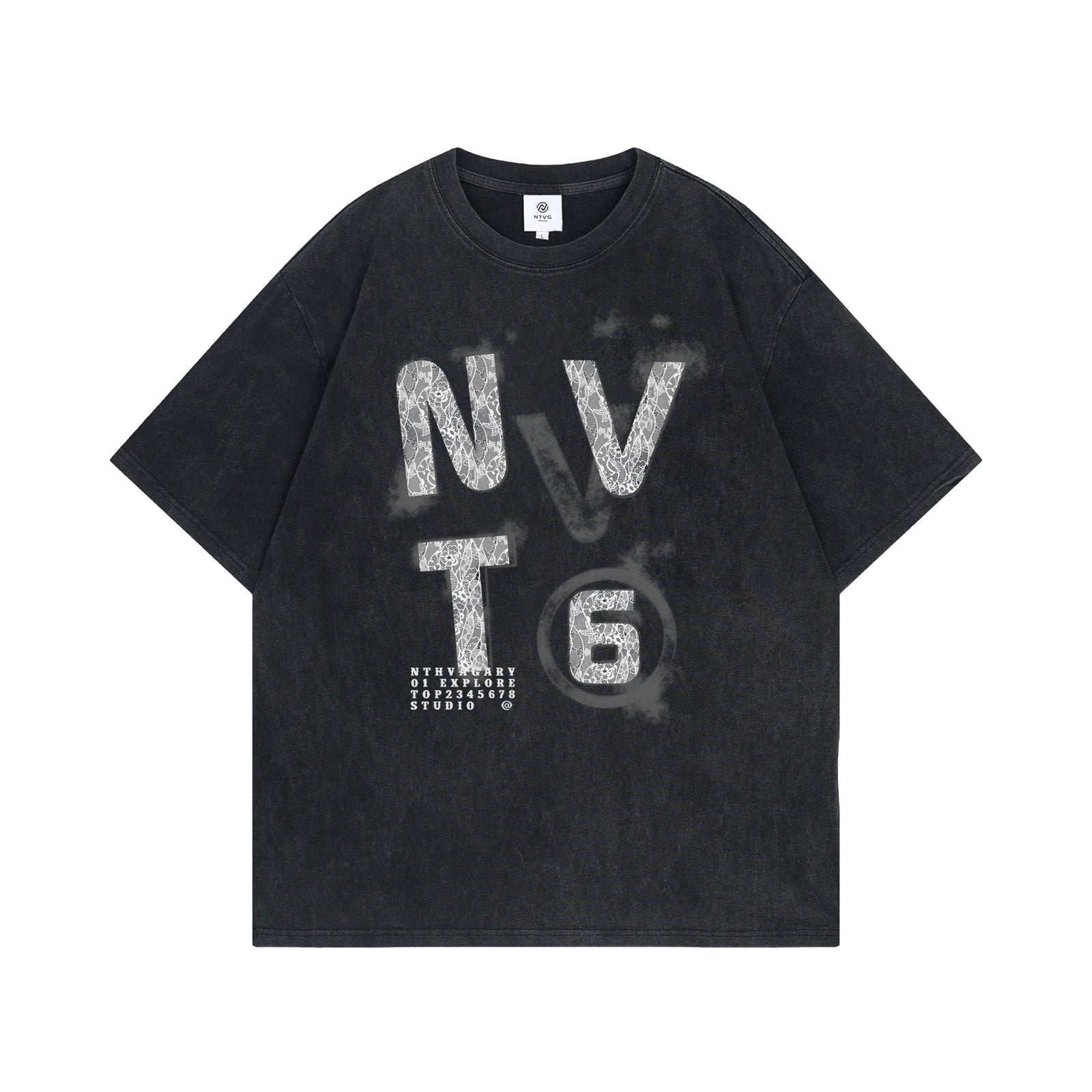 Salt-Washed Lace Letter Print T-Shirt - Unisex Summer Style