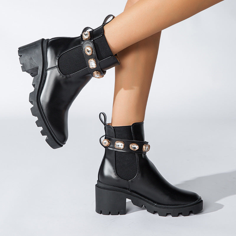 Rhinestone Round Head Mid-Thigh Elastic Boots for Women