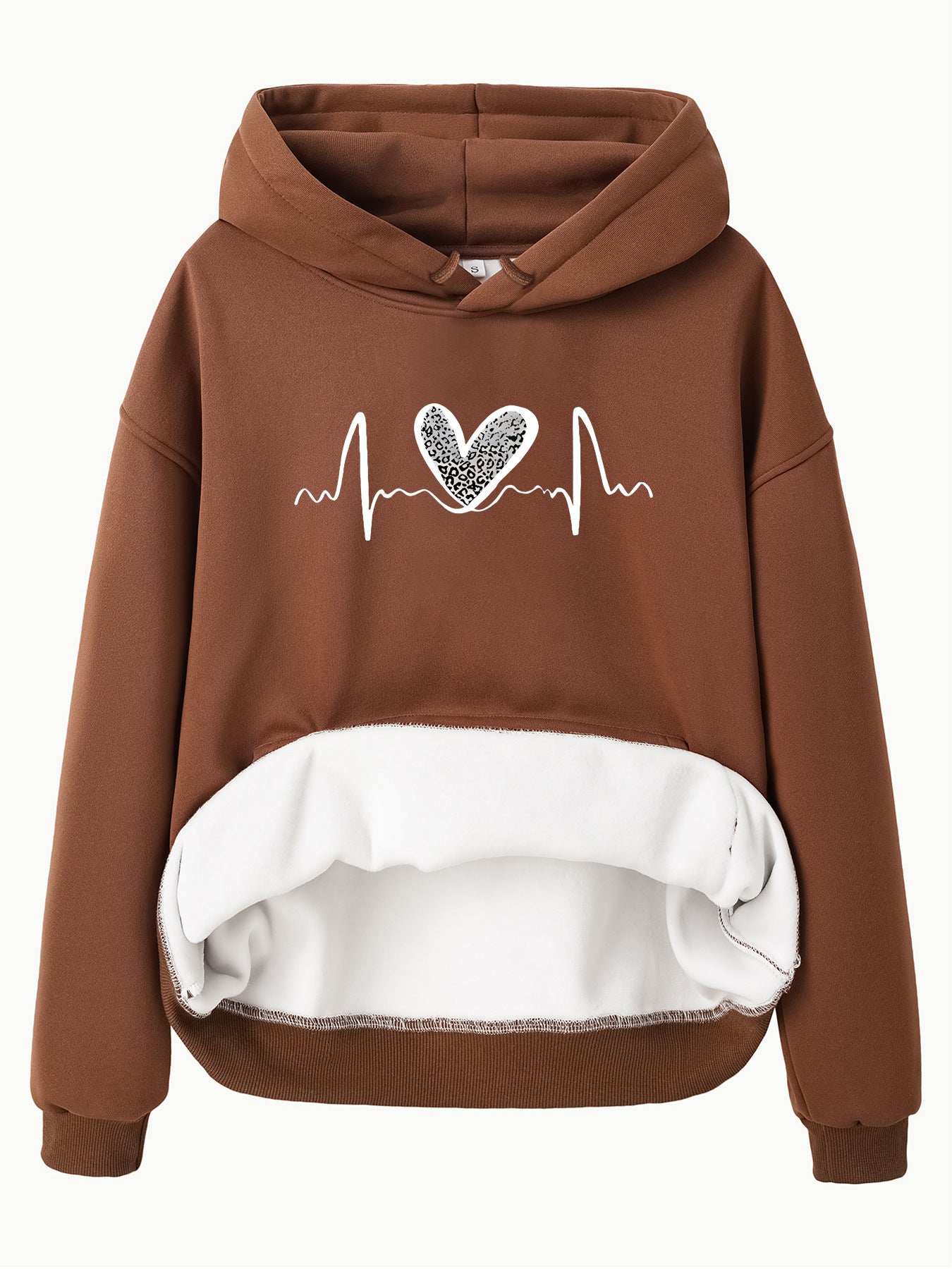 Pocket Hooded Long Sleeved Fleece Sweatshirt with Leopard Print Heart Design