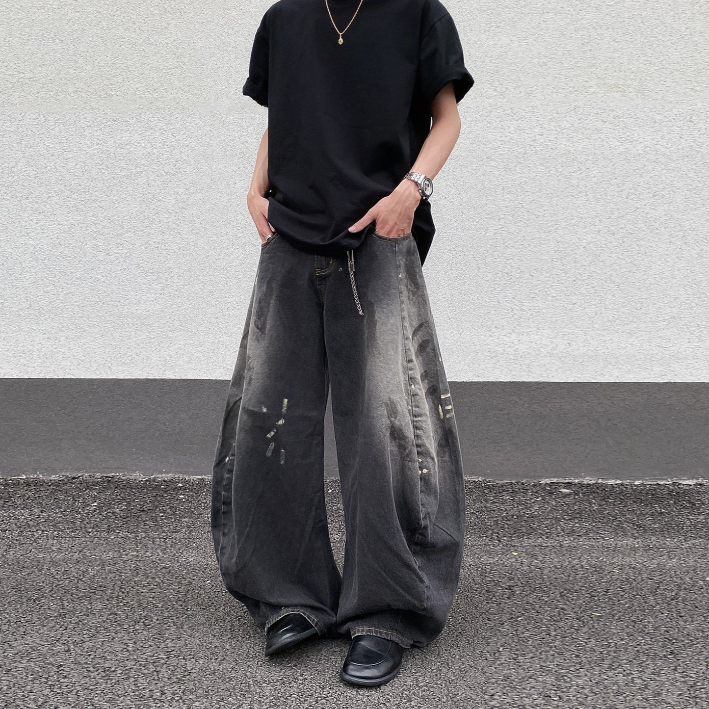 Gradient Black Splashed Ink Wide Leg Jeans for Men