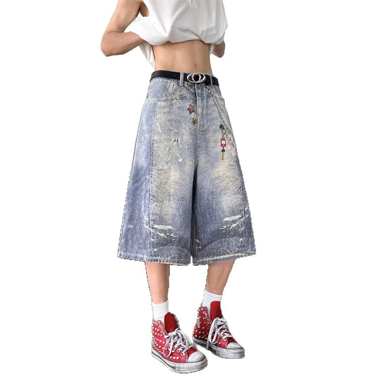 Harajuku Style Full Print Wide Leg Denim Shorts
