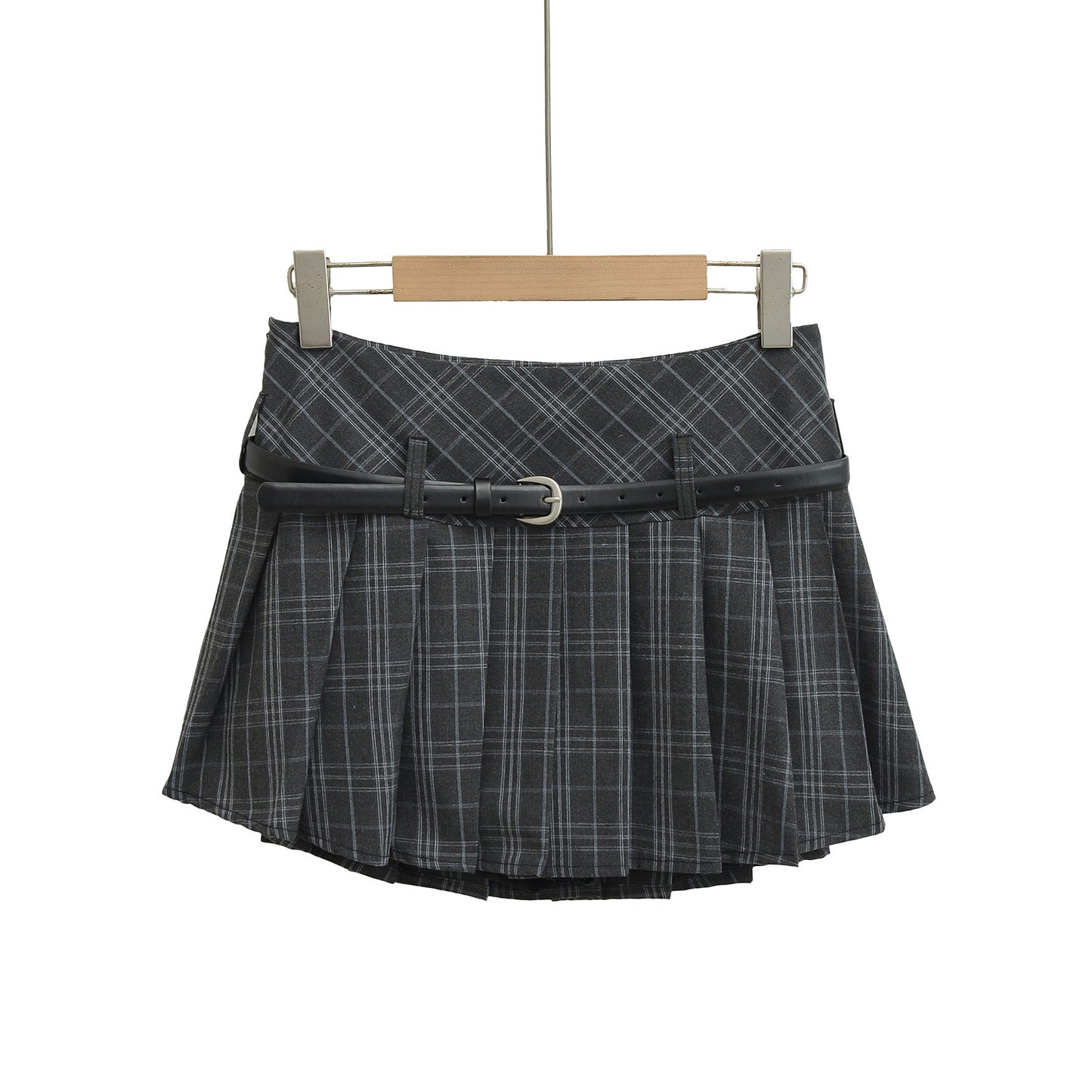 High Waist Slimming Small Plaid Belt Pleated Short Skirt