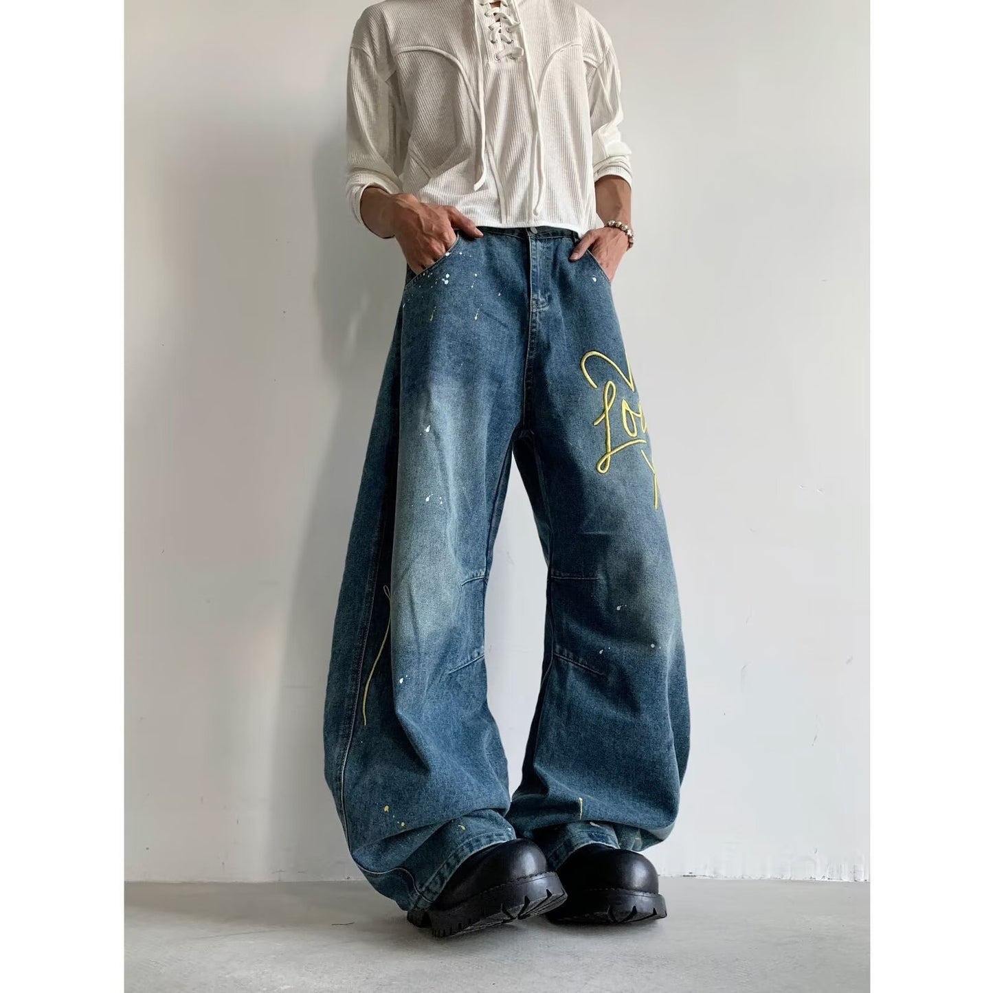 Playful Embroidered Ink Splash Wide Leg Pants