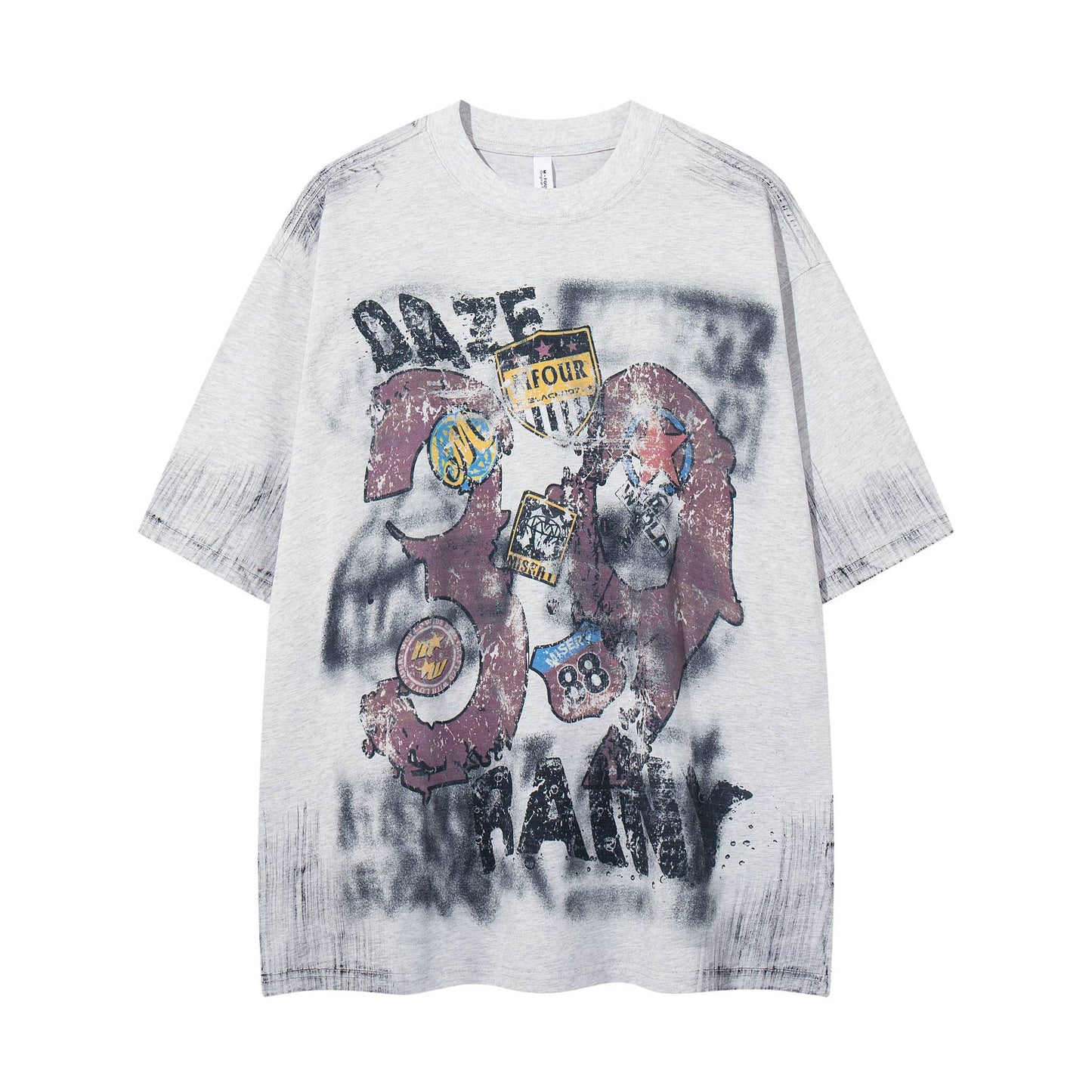 Harajuku Graffiti Badge Vintage Short Sleeve Tee — Fragmented Flowers Cotton Loose Fit