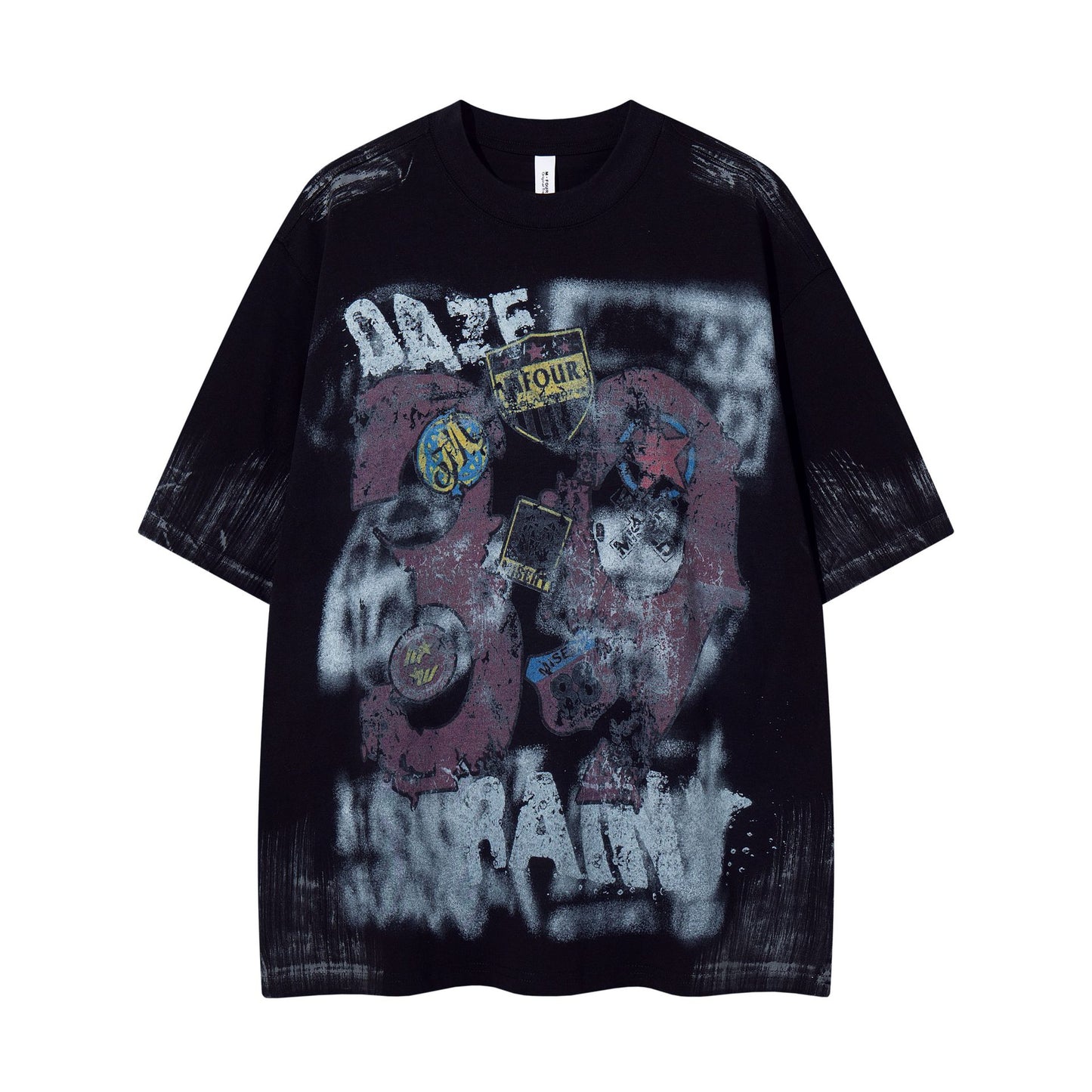Harajuku Graffiti Badge Vintage Short Sleeve Tee — Fragmented Flowers Cotton Loose Fit