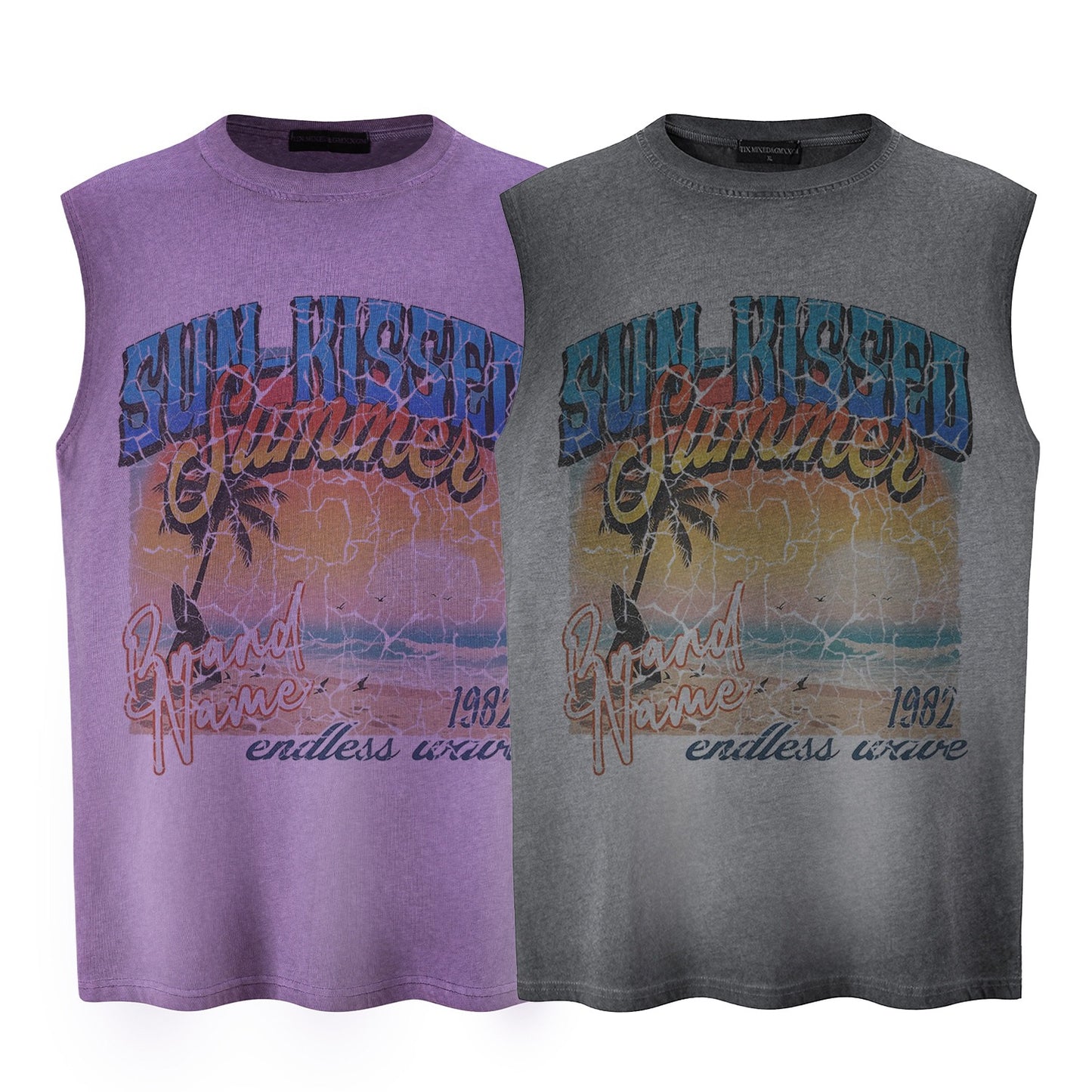Cracked Beach Printed Vest — Harajuku Street-Style Loose Cotton Blend (Grey / Purple)