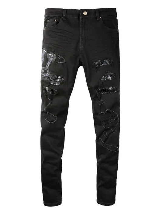 Men's Slim Jeans with Washed Snake Embroidery